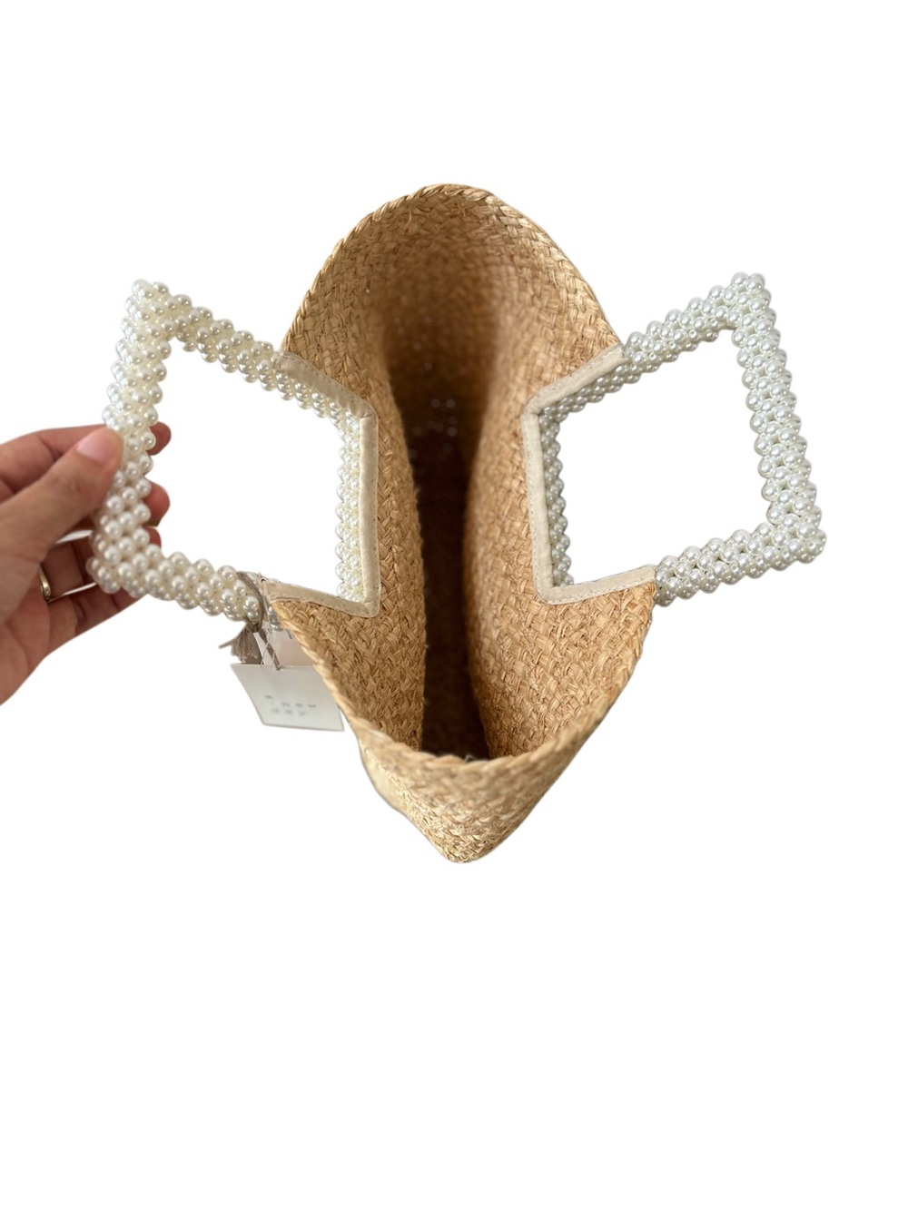 Boutique Pearl Handle Straw Basket Tote Bag | Coquette Cottagecore Summer Beach - Picture 3 of 6